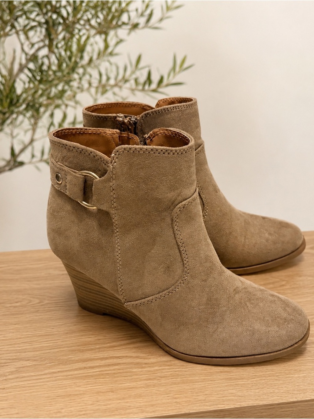 Maurices Taupe Suede Wedge Ankle Booties